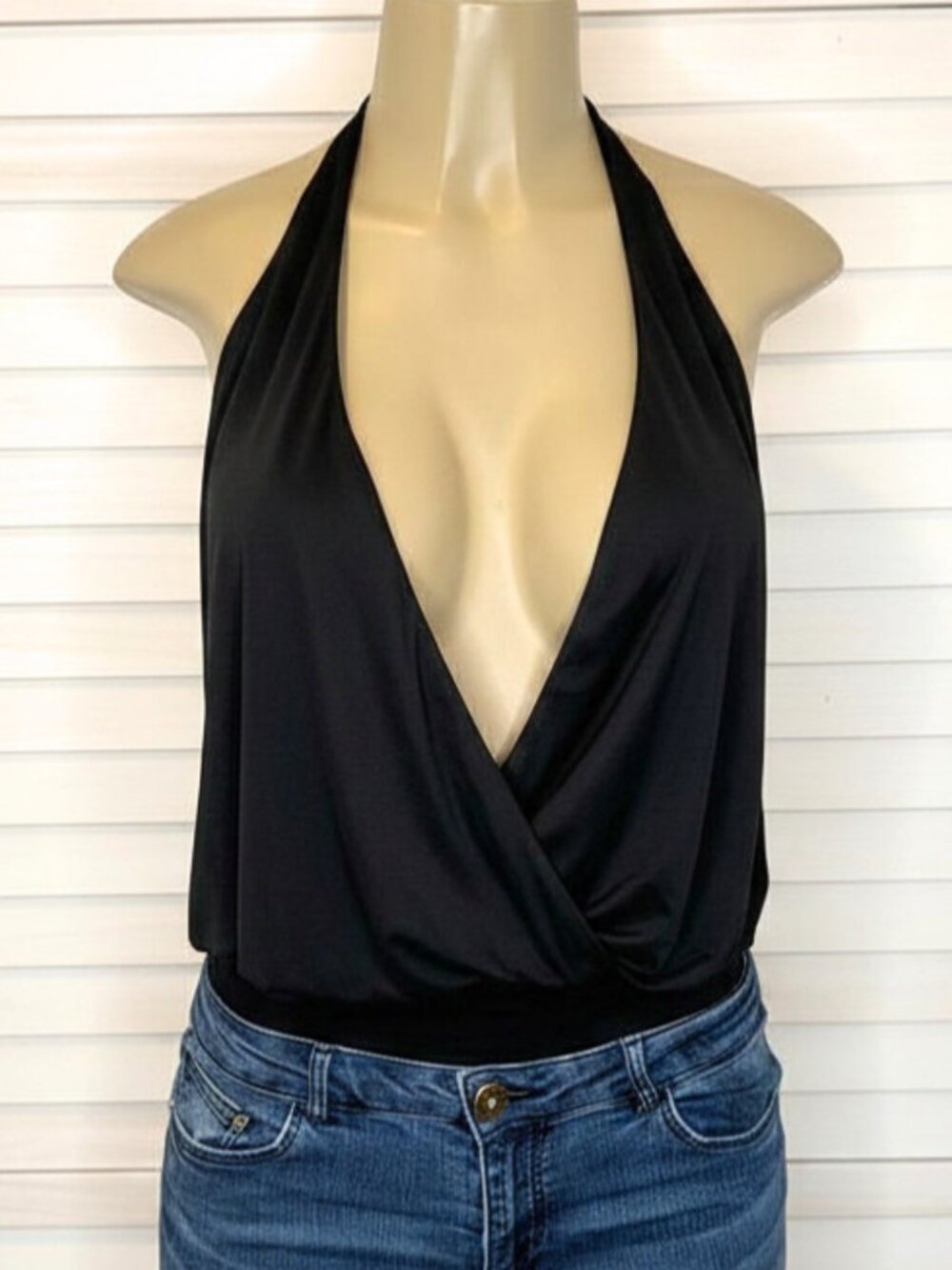 Black Draped Deep V Blouson Halter Top